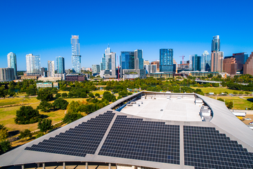 Aerial view of a solar array in Austin, Texas.